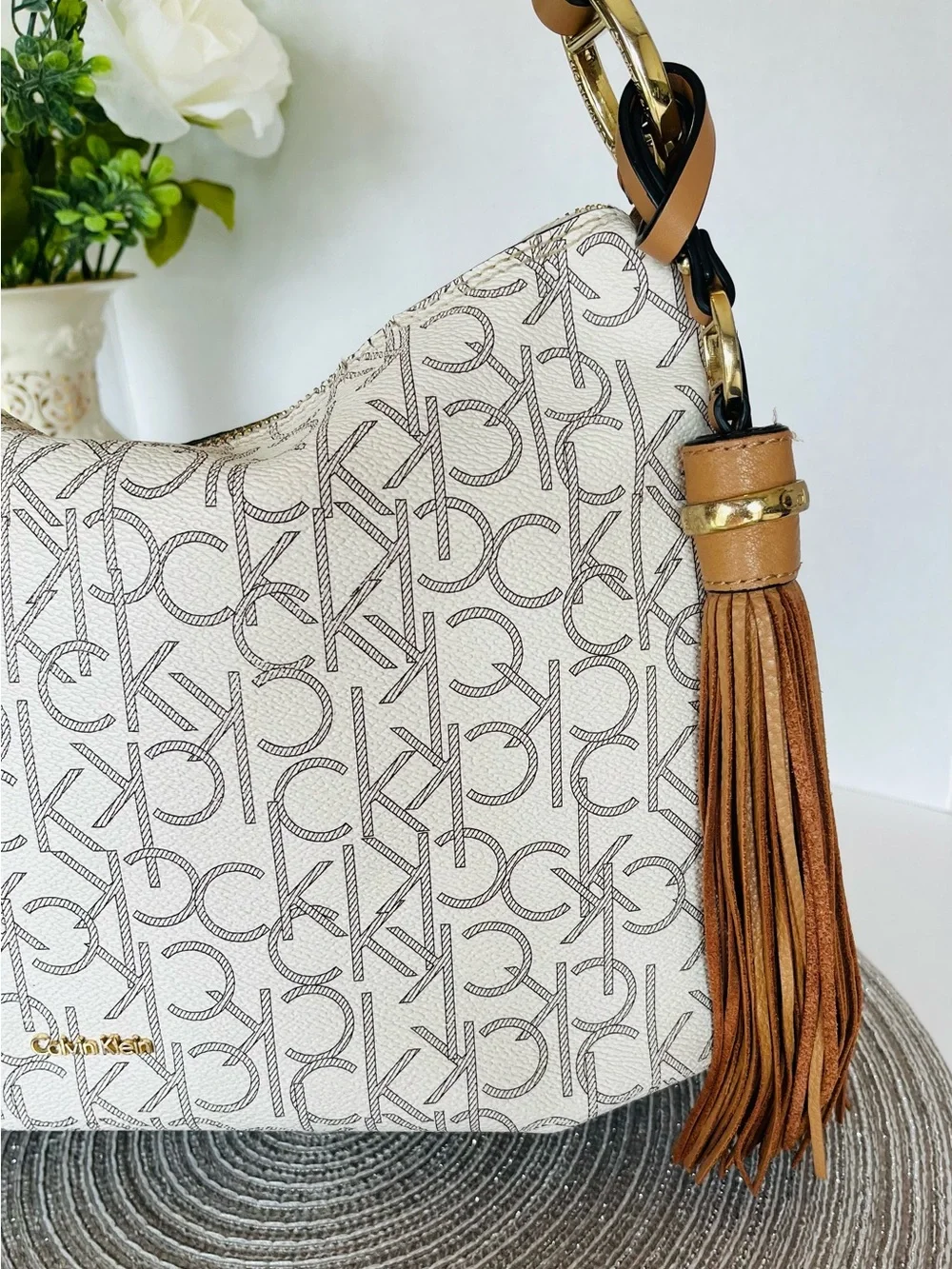 CALVIN KLEIN Shoulder Bag “HOLLY” Monogram Hobo Gold-Tone Tassel 13x11x6”